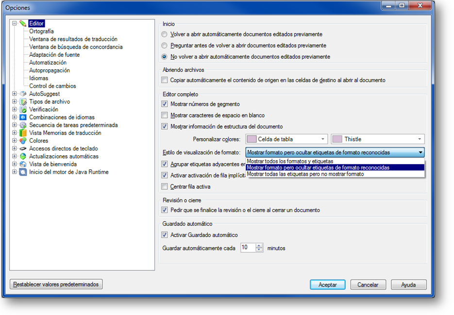 SDL trados Studio 2014 - Editor - Estilo de visualización de formato