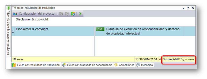 nombre de usuario en TM