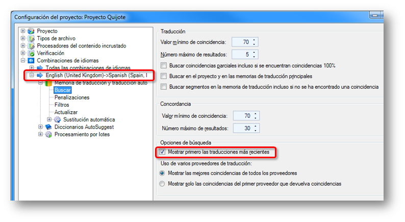SP2 - Configuración de proyecto - Buscar más recientes primero en TM