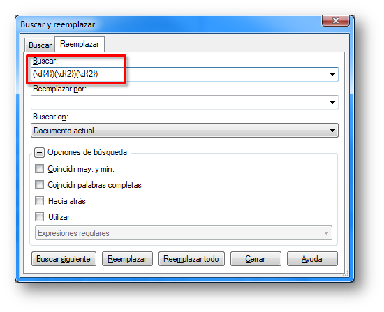 Cuadro Buscar con expresión regular