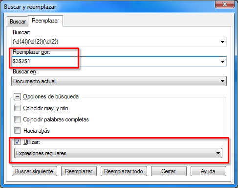 Cuadro Reemplazar por - expresiones regulares para buscar y reemplazar