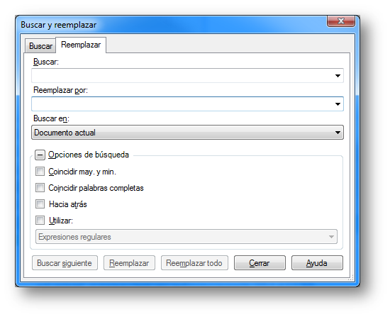 Cuadro de diálogo Buscar y reemplazar de Studio - vacío