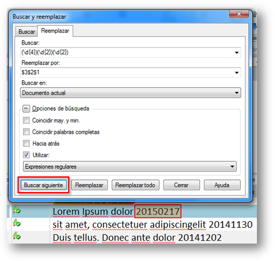 Cuadro de diálogo Buscar y reemplazar - primera aparición