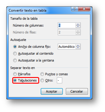 Convertir texto en tabla - Microsoft Word