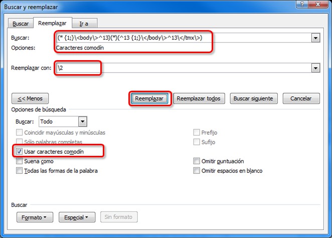 convertir una memoria TMX en una tabla con comodines de Word