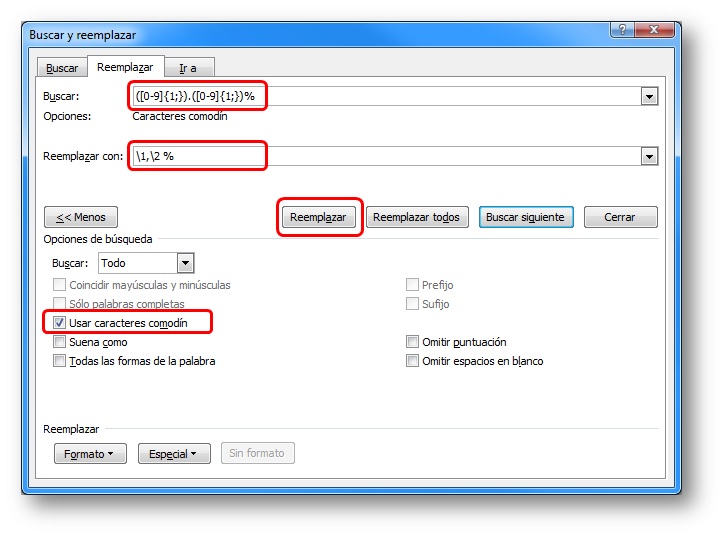 Buscar y reemplazar separadores de millar y de decimales con comodines de Word