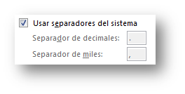 Opciones de Excel - separadores del sistema