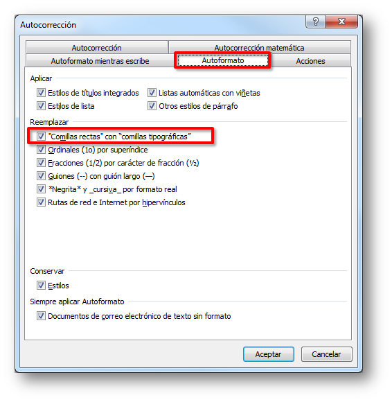 Comillas inteligentes de Word