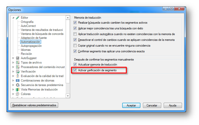 ajuste de verificar el segmento al confirmarlo