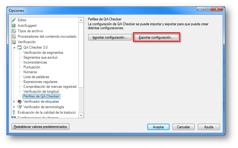 Exportar e importar configuración de expresiones regulares de QA Checker