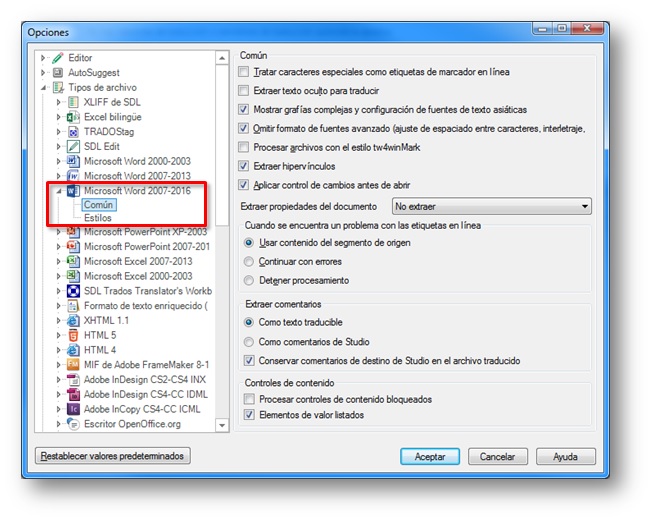 Filtro Word 2016 en Trados Studio 2015