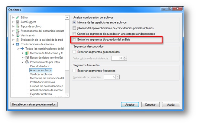 casilla Excluir los segmentos bloqueados del análisis