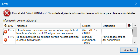 Mensaje de error al abrir un documento de Word 2016 en Trados Studio