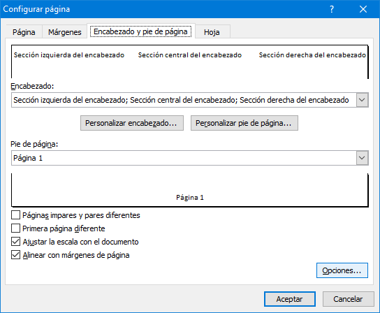 Archivo - Imprimir - Configurar página - Encabezado y pie de página en Excel