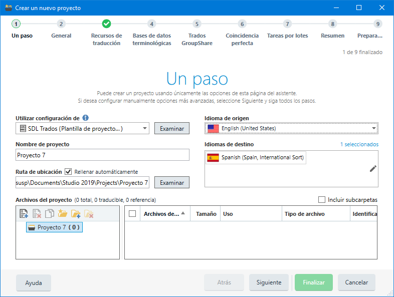 Asistente de nuevo proyecto de Trados Studio 2019 - 1a Un paso
