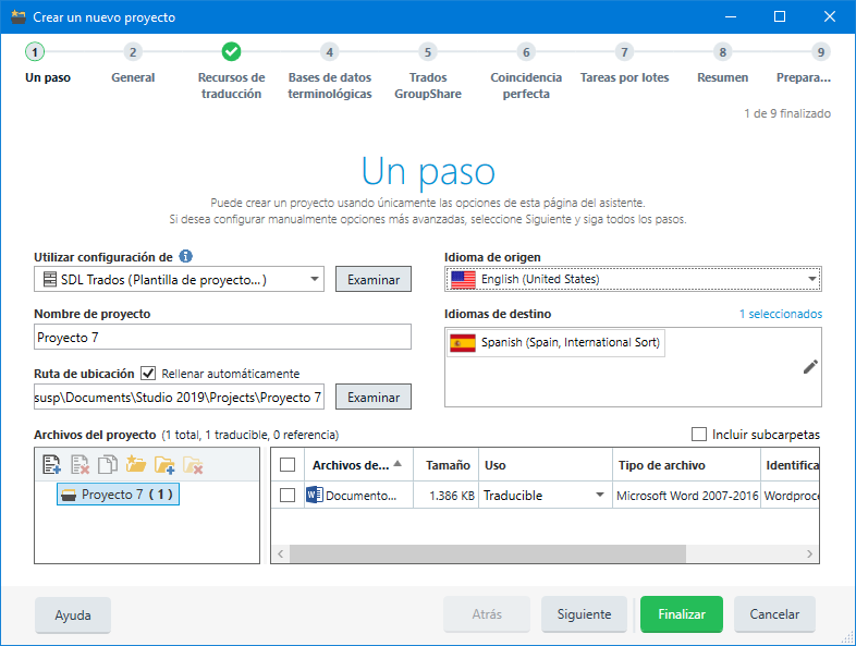 Asistente de nuevo proyecto de Trados Studio 2019 - 1b Un paso