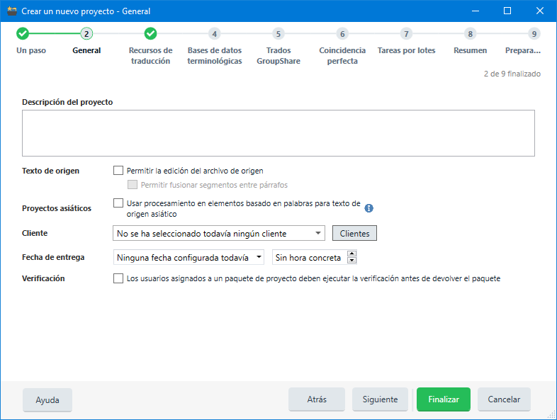 Asistente de nuevo proyecto de Trados Studio 2019 - 2 General