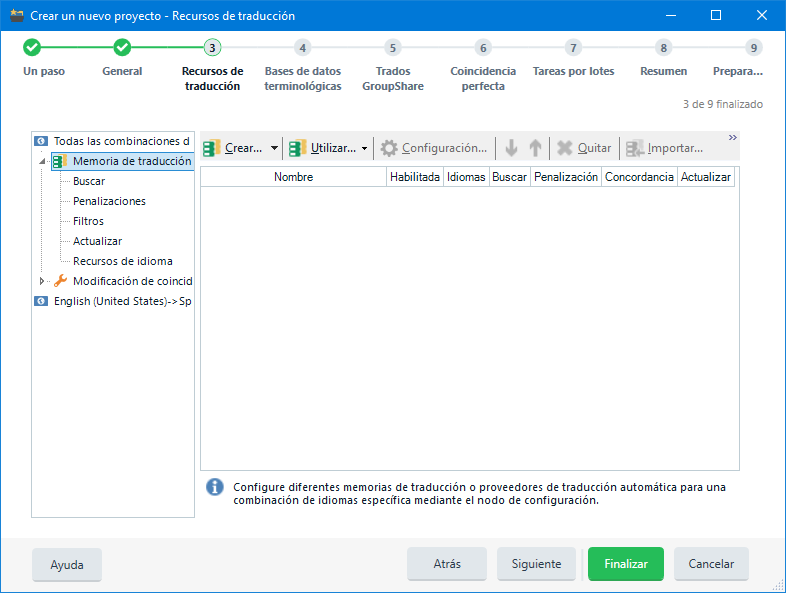 Asistente de nuevo proyecto de Trados Studio 2019 - 3 - Recursos de traducción