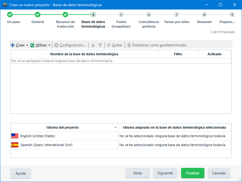 Asistente de nuevo proyecto de Trados Studio 2019 - 4 Bases de datos terminológicas