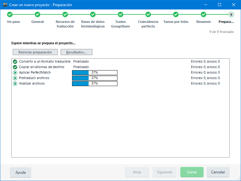 Asistente de nuevo proyecto de Trados Studio 2019 - 9a Preparar