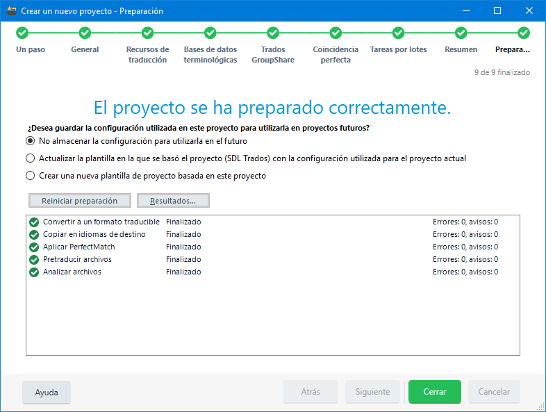 Asistente de nuevo proyecto de Trados Studio 2019 - 9b Preparación