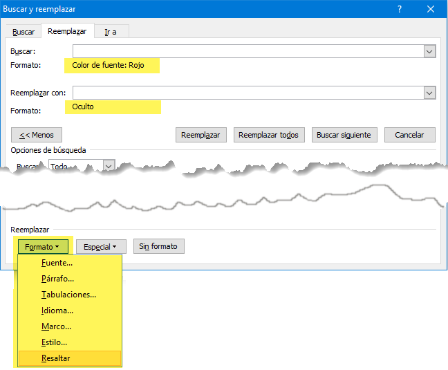 Buscar y Reemplazar de Word - ocultar solo texto resaltado