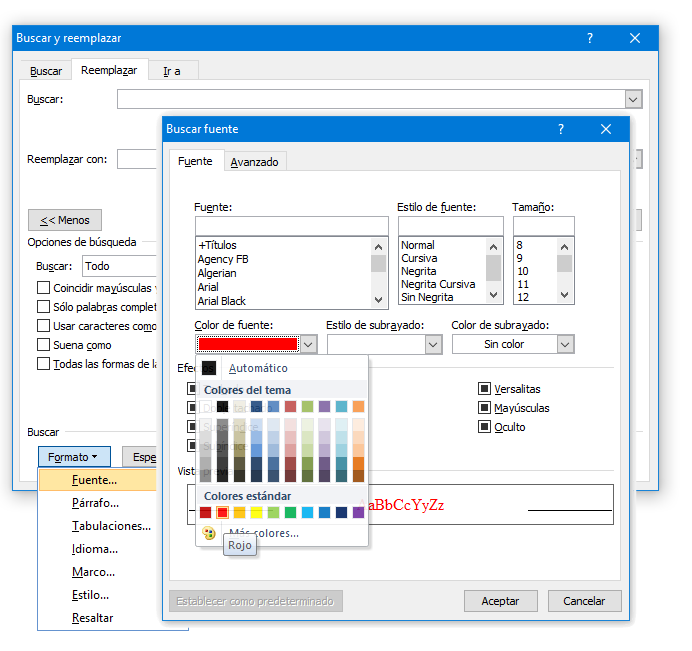 Buscar y Reemplazar de Word - seleccionar solo texto rojo