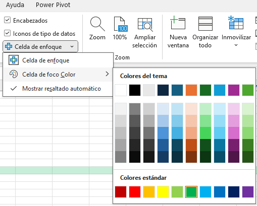 Color de Celda de enfoque en Excel