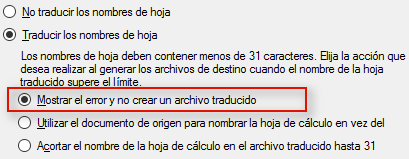 Configurar Trados Studio para traducir el nombre de las hojas de Excel - Nombre de hoja de cálculo - Mostrar error y no crear un archivo traducido