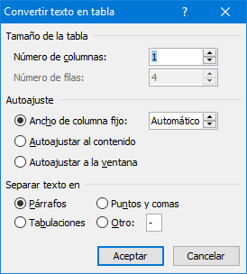 Convertir texto en tabla - 4 párrafos