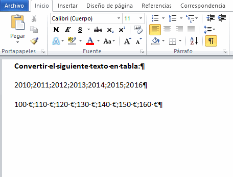 Convertir un texto en una tabla en Word - valores separados con punto y coma - animado