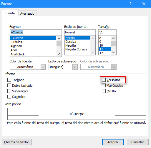 Cuadro de diálogo Fuente para aplicar versalitas en Outlook