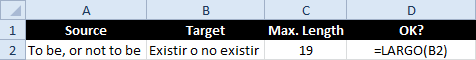 Excel - función para verificar el recuento de caracteres