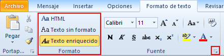Ficha Formato de texto - Sección Fuente para aplicar versalitas en Outlook