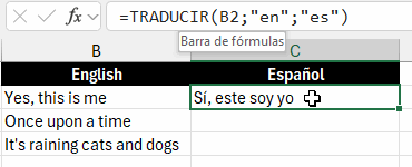 Función TRADUCIR en Excel con 2 parámetros Función TRADUCIR en Excel con 3 parámetros