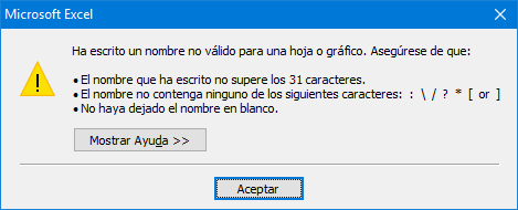 Mensaje de error de Excel al intentar superar la longitud máxima de caracteres en el nombre de hoja