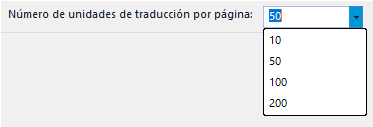 Opciones - Vista Memorias de traducción - Número de unidades de traducción por página