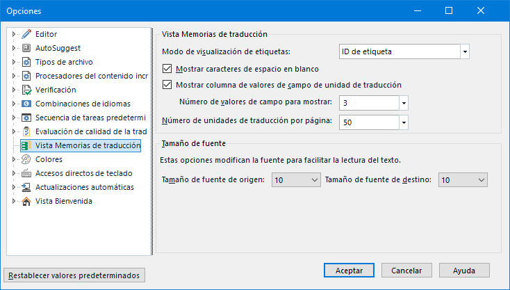 Opciones - Vista Memorias de traducción