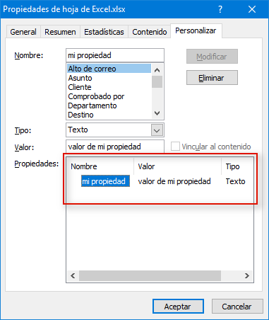Propiedades avanzadas de Excel