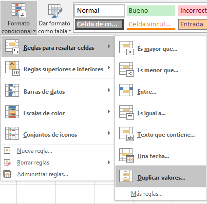 Reglas para resaltar celdas - Valores duplicados en Microsoft Excel 2016