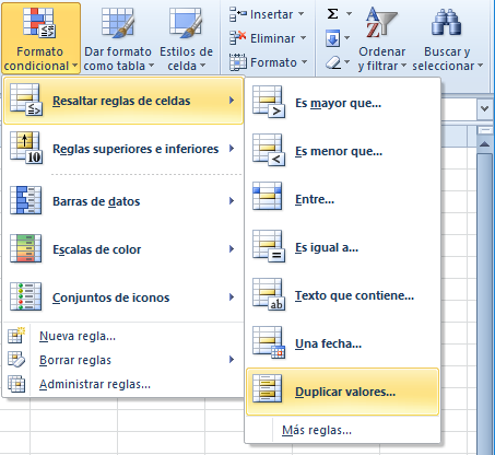 Resaltar reglas de celdas - Duplicar valores en Microsoft Excel 2010