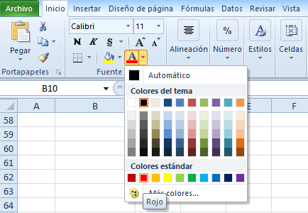 Selección de color de fuente en Excel