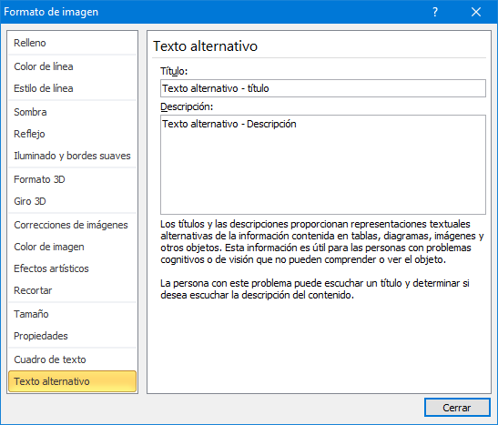 Texto alternativo de una imagen insertada en Excel