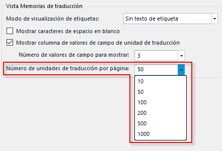 Trados Studio 2019 -Opciones - Vista Memorias de traducción - Número de unidades de traducción por página