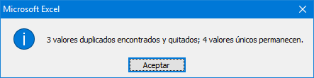 Valores duplicados enocntrados y borrados en Excel