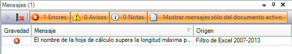 Ventana Mensajes de Trados Studio con límite superado en el nombre de la hoja