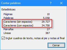 Word - recuento de caracteres