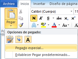 botón Pegado especial de Word
