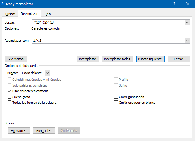 comodines para borrar duplicados en Word