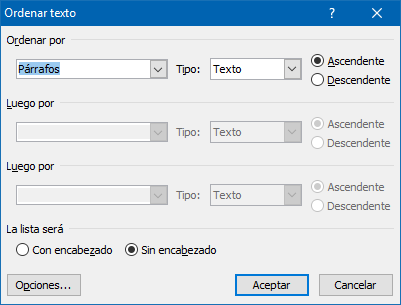 cuadro de diálogo Ordenar texto en Word